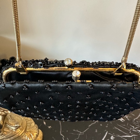 Vintage Black Beaded Clutch Handbag Sequence Gold Hardware Art Deco - Picture 4 of 10